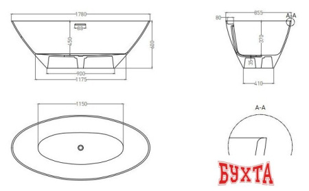 Ванна Umy Home Mia Kit 178x85 UM11222 (U-Solid, матовый, сифон)