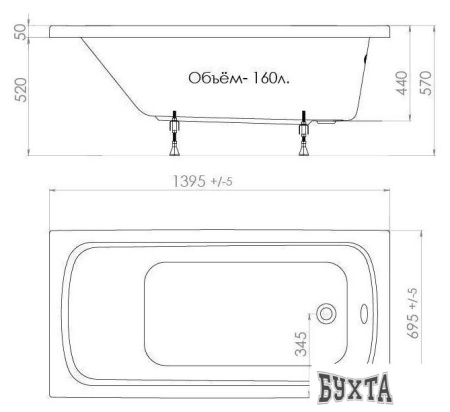 Ванна Triton Стандарт 140x70 (с ножками, экраном и сифоном)