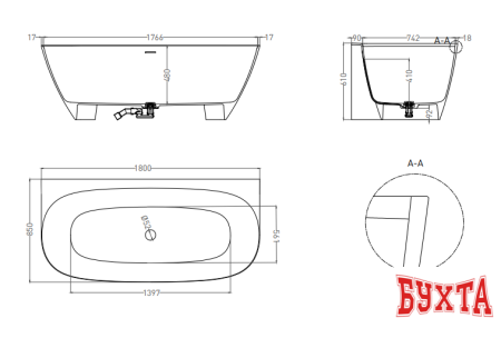 Ванна Umy Home SIDE KIT 180x85 U-Solid UM10822RF (черный матовый)