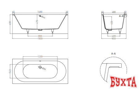 Ванна Umy Home IN FOCUS 180x80 U-Coat UG11011 (белый глянцевый)