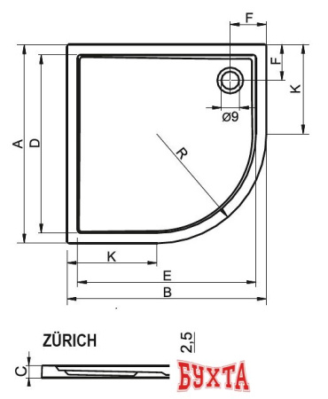 Душевой поддон Riho Zurich закругленный 90x90 [DA88]