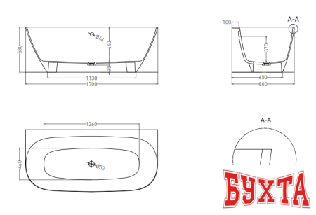 Ванна Umy Home SIDE 170x80 U-Coat UG10711 (белый глянцевый)