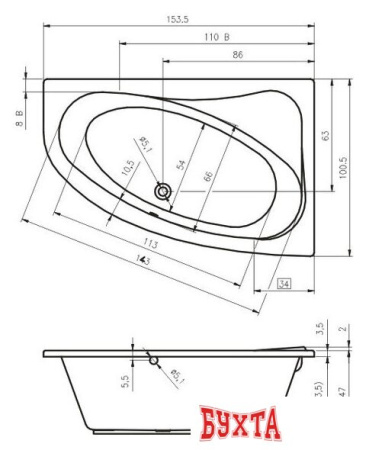 Ванна Riho Lyra 153x100 (левая, без ножек)