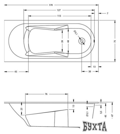 Ванна Riho Lazy 170х75 (без ножек)