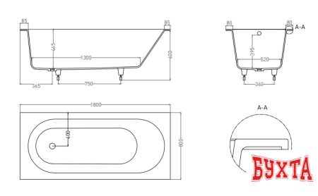 Ванна Umy Home IN 180x80 U-Coat UG10912RF (черный глянцевый)