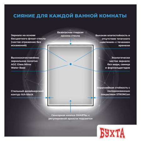 Мебель для ванных комнат Wellsee Зеркало с фронтальной LED-подсветкой 7 Rays' Spectrum 172201220, 55 х 70 см (с сенсором и регулировкой яркости освещения)