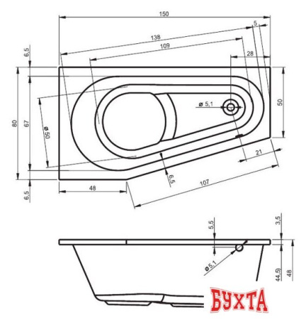 Ванна Riho Delta 150x80R (без ножек)