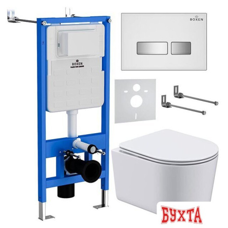 Унитаз подвесной Roxen Simple Compact в комплекте с инсталляцией StounFix Slim 6 в 1 964407 (кнопка: белое стекло)