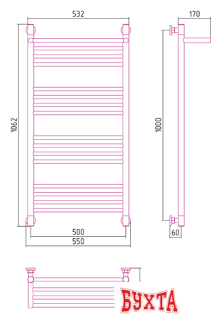 Полотенцесушитель Сунержа Богема с полкой+ 1000х500 00-0223-1050