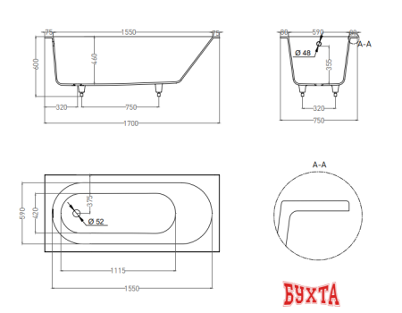 Ванна Umy Home IN 170x75 U-Coat UG10911RF (черный глянцевый)