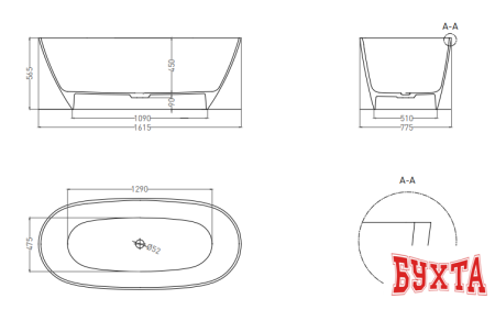 Ванна Umy Home NOA 162x77 U-Solid UM10121RF (черный матовый)