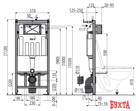 Унитаз Alcaplast 5 в 1 Rimflow + AM101/1120 + М670