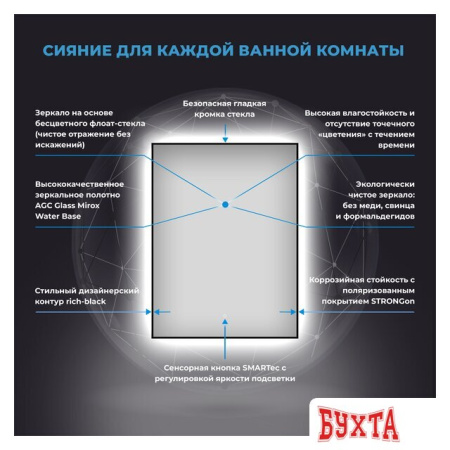 Мебель для ванных комнат Wellsee Зеркало с фоновой LED-подсветкой 7 Rays' Spectrum 172200800, 40 х 65 см (с сенсором и регулировкой яркости освещения)