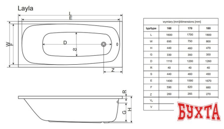 Ванна Excellent Layla 170x75 (с ножками)