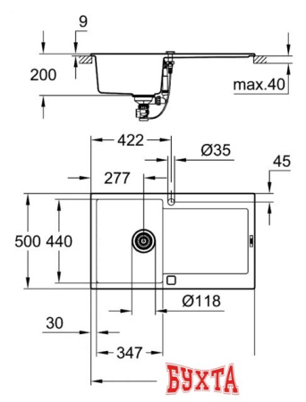 Кухонная мойка Grohe K500 50-C 86/50 1.0 31644AP0 (черный гранит)