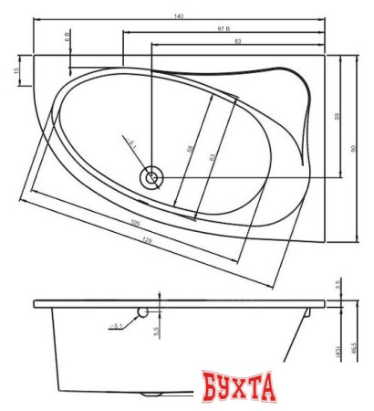 Ванна Riho Lyra 140x90 BA65005 (с ножками, правая)