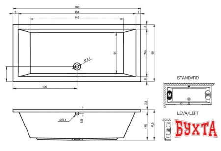 Ванна Riho Lusso 200x90 (с ножками)