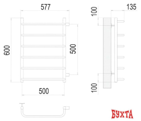 Полотенцесушитель TERMINUS Стандарт П6 500x600 бп (хром)