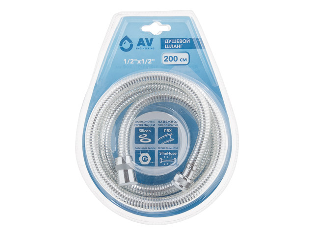 Шланг душевой, PVC, 1/2" г-г 200 см, хром, AV Engineering, арт.AVSSS-051
