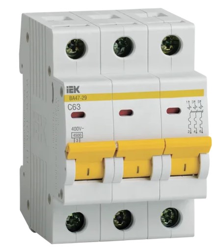 Автоматический выключатель ВА47-29 3P 63A 4,5кA х-ка C, ИЭК, арт.MVA20-3-063-C