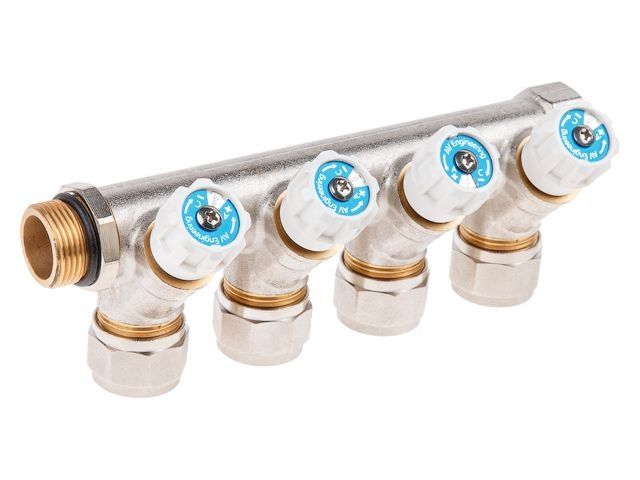 Коллектор с отсекающими вентилями, 3/4" х 4 вых. (16 х 2.0), AV Engineering, арт.AVE1132004