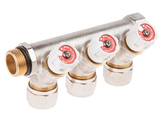Коллектор с отсекающими вентилями, 3/4" х 3 вых. (16 х 2.0), AV Engineering, арт.AVE1132003
