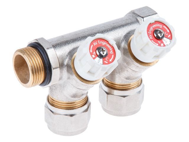 Коллектор с отсекающими вентилями, 3/4" х 2 вых. (16 х 2.0), AV Engineering, арт.AVE1132002