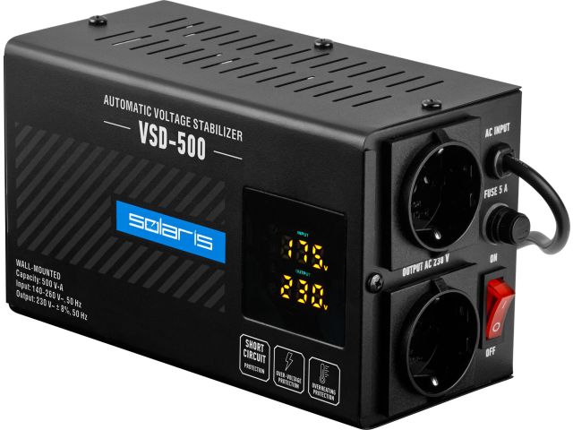 Стабилизатор напряжения Solaris VSD-500, 500В*А 140-260В 2 розетки; настенный монтаж, арт.SL4510-1