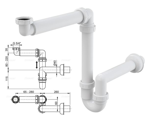 Сифон для умывальника экономящий пространство c накидной гайкой 5/4, Alcaplast, арт.A434