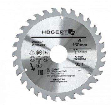 HOEGERT Диск пильный по дереву 160x30x30, Mn65, арт.HT6D774