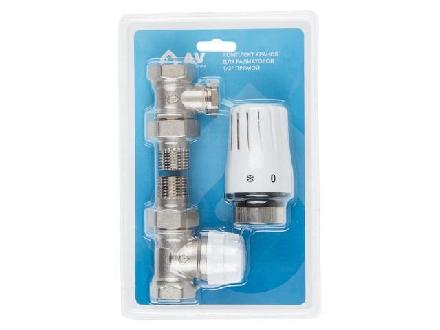 Комплект кранов прямой 1/2" для радиатора с термоголовкой, AV Engineering (инд. упак.), AVE144212