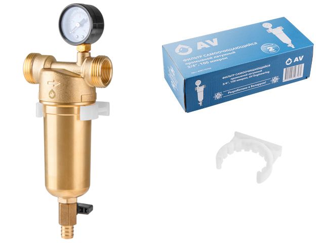 Фильтр самоочищающийся 1" нар. или 3/4"вн., 100 микрон, с манометром, (инд. упак.) AVE115702