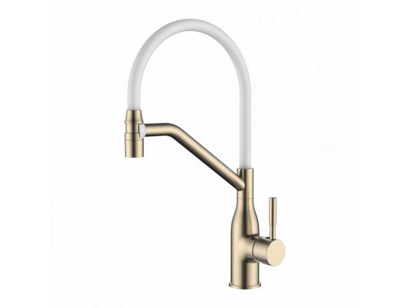 Ledeme L4798Y-3 Кухонный смеситель с силиконовым изливом и магнитным держателем БЕЛЫЙ+ЗОЛОТОЙ САТИН