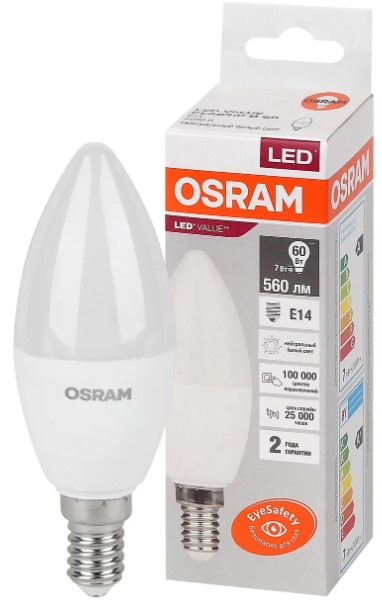 Лампа светодиодная СВЕЧА E14 7Вт 230В 3000К/840, OSRAM, арт.4058075578883