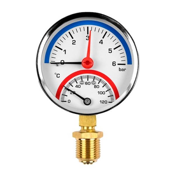 Термоманометр радиальный (ниж.подкл.) с контрольной стрелкой, 80 мм, 1/2", 4 бар, 120 °С VALFEX (50)
