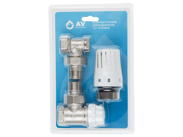 Комплект кранов угловой 1/2" для радиатора с термоголовкой, AV Engineering (инд. упак.), AVE144112