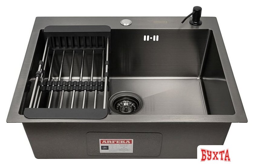 Кухонная мойка ARFEKA ECO AR мойка 600*500, коландер, дозатор BLACK 2
