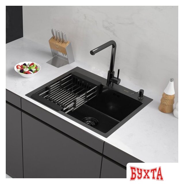 Кухонная мойка ARFEKA ECO AR мойка 600*500, коландер, дозатор BLACK DECOR VOLCANIC ROCK
