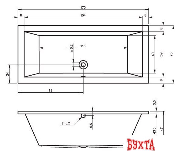 Ванна Riho Lusso 170x75 (без ножек) 2