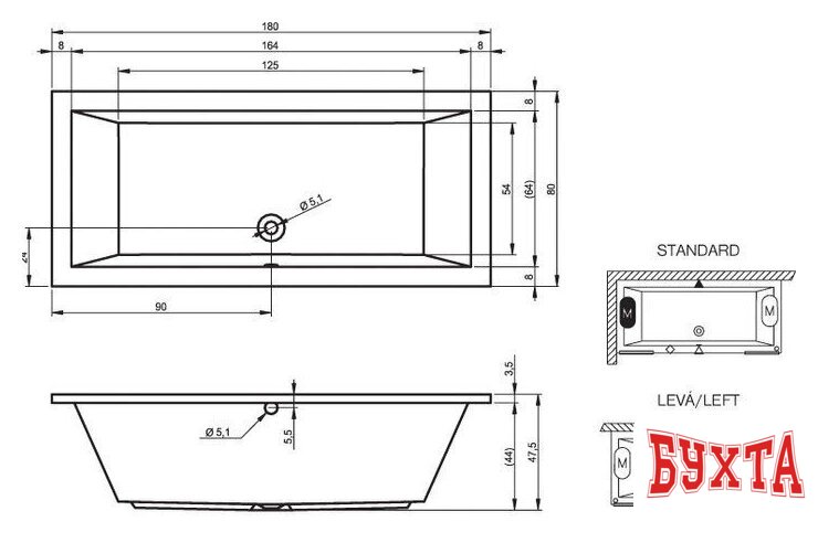 Ванна Riho Lusso 180x80 (с ножками) 2