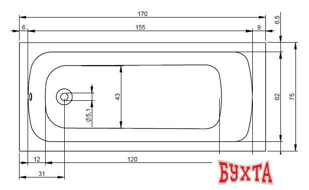 Ванна Riho Dola 170x75 BB31005 (с каркасом) 2