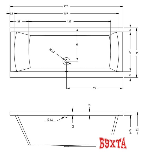 Ванна Riho Julia 170x75 B011001005 (без ножек) 2