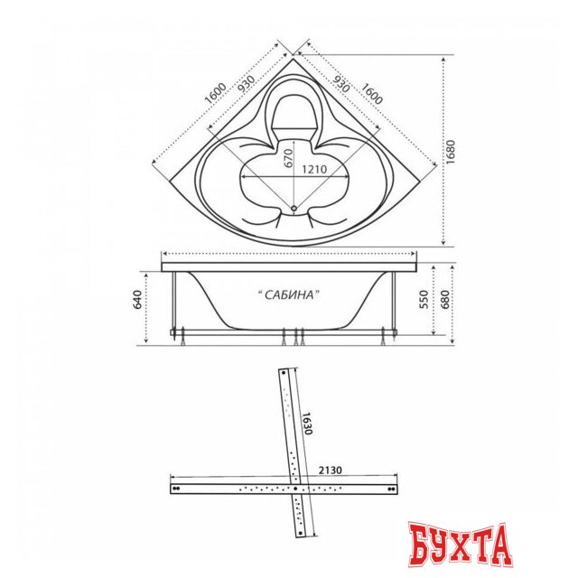 Ванна Triton Сабина 160x160 Экстра (с каркасом и сифоном) 5