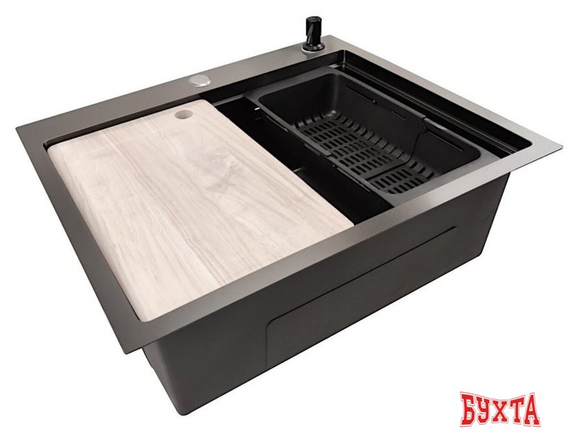 Кухонная мойка Stellar Decor S7050NB-A-D (нано черный, c доской) 3