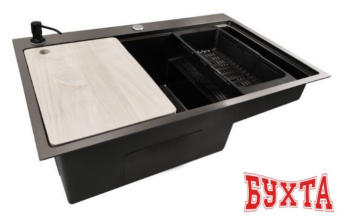 Кухонная мойка Stellar S7550NB-TU-L (нано черный, с доской) 2