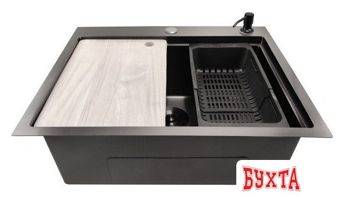 Кухонная мойка Stellar Decor S6050NB-A-D (нано черный, c доской) 3