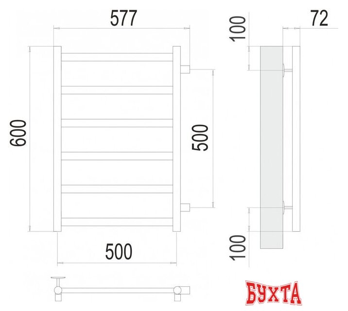 Полотенцесушитель TERMINUS Аврора П6 500x600 (с боковым подключением 500, RAL 9003) 3
