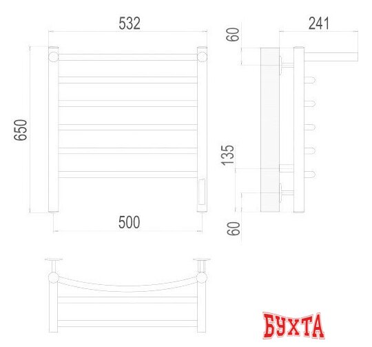 Полотенцесушитель TERMINUS Классик П6 500x650 с полкой бп электро (хром) 3