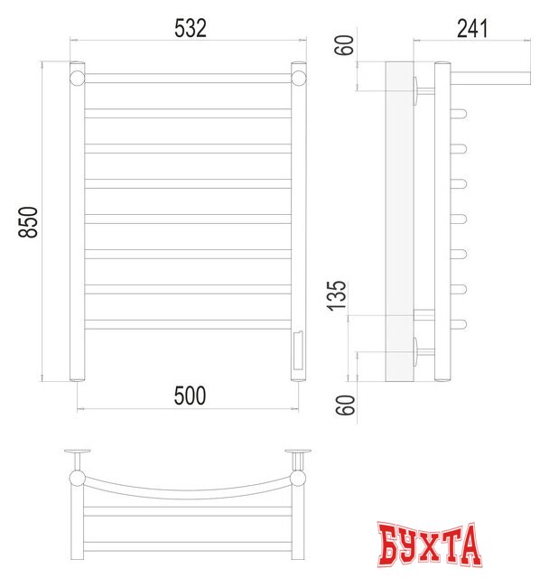 Полотенцесушитель TERMINUS Классик П8 500x850 с полкой нп электро (хром) 2