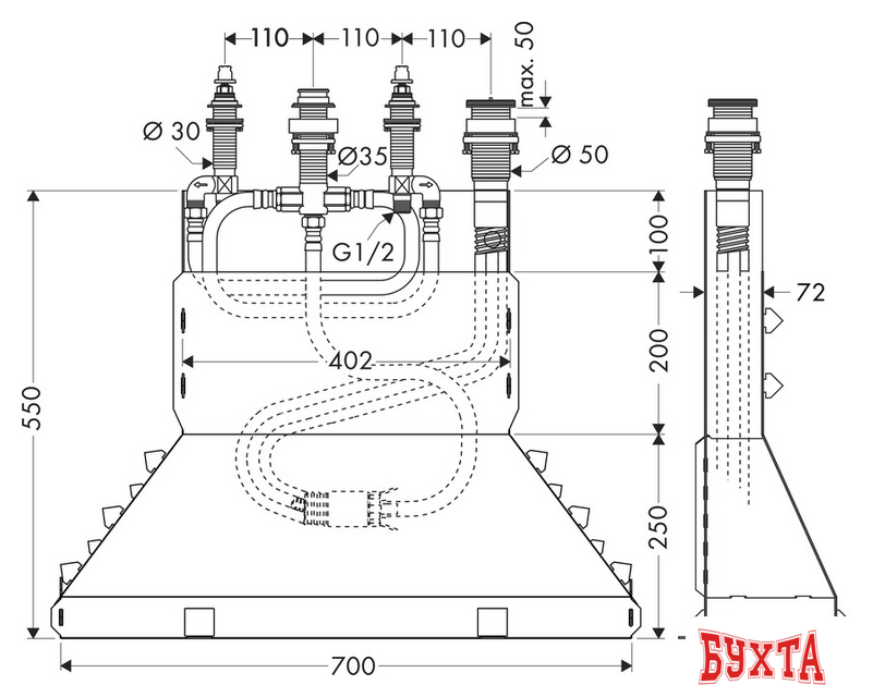 Скрытый механизм Hansgrohe для смесителя на 4 отверстия на край ванны 13444180 2